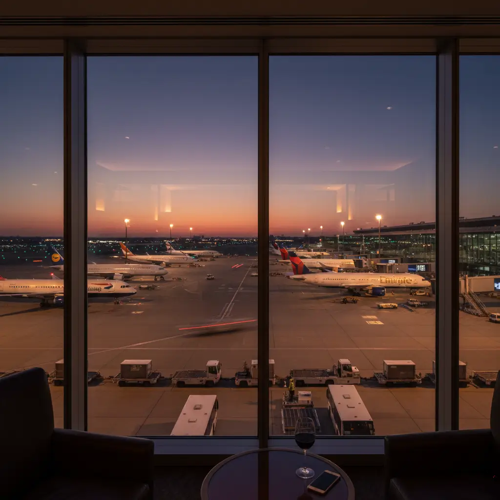 View  from indoors CIP lounge, looking through a large, panoramic window. The interior of the lounge, which is generally well-lit and modern. At the airport